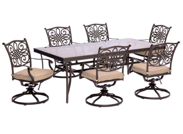 Hanover Traditions 7-Piece Dining Set, Tan With Extra Large Glass-Top Dining Table