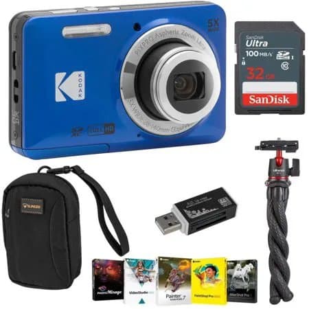 Kodak PIXPRO FZ55 Friendly Zoom Digital Camera, Blue, With SD Card, Camera Bag, Tripod, Photo Editing Software, SD Card Reader