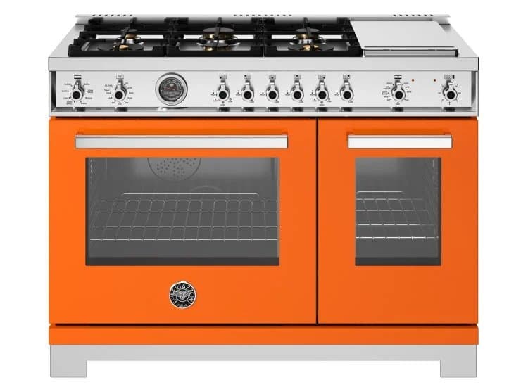 Bertazzoni Professional Series 48-Inch Dual Fuel Range, 6 Brass Burners and Griddle, Electric Self-Clean Oven In Orange - PRO486BTFEPART