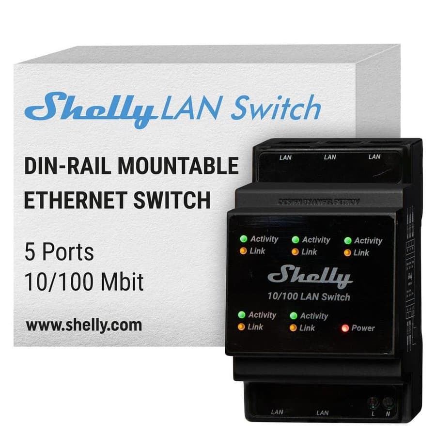 Shelly LAN Switch, 5 Port RJ45 10/100 Mbps Fast Ethernet Switch, DIN-Mountable, Fanless, Plug and Play, Energy-Saving