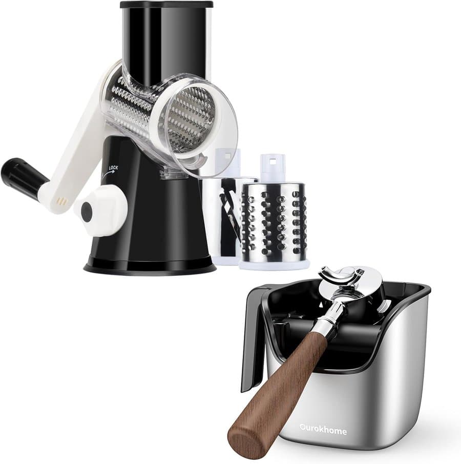 Ourokhome  Rotary Cheese Grater Shredder and Hamburger Meat Chopper Stirrer Round Food Slicer with 3 Drum Blades and Ground Beef Meat Breaker with Heat Resistant 5 Curved Blades