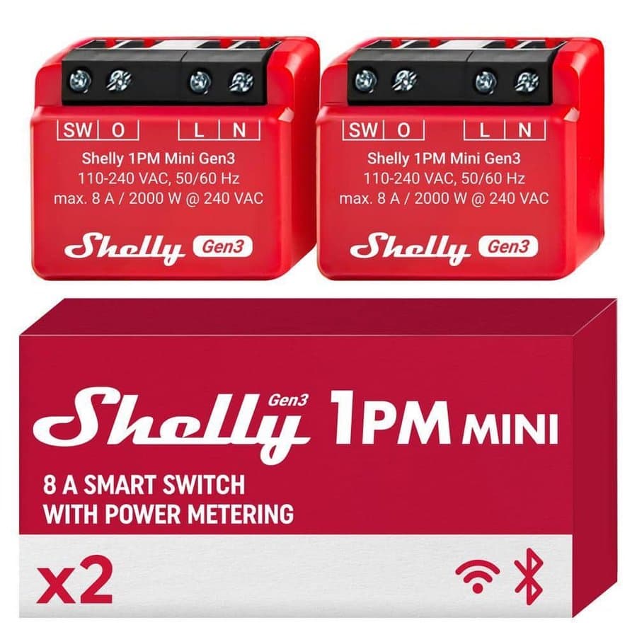 Shelly 1PM Mini Gen3, WiFi and Bluetooth Smart Switch Relay, 1 Channel 8A With Power Measurement, Home Automation (2-Pack)