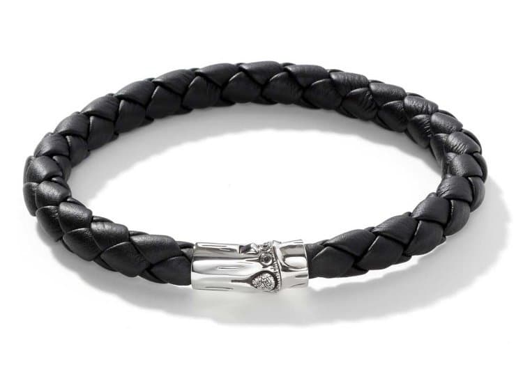 John Hardy Bamboo Station Bracelet, Size Large, Black Leather and Sterling Silver