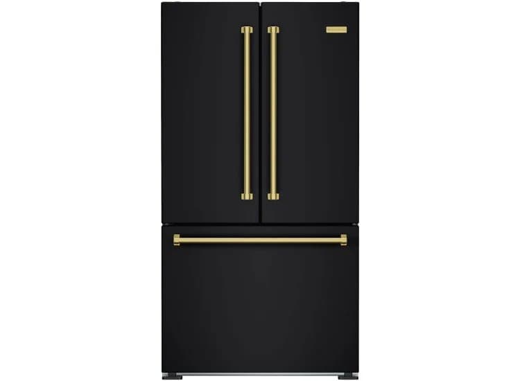 BlueStar 19.9 Cu. Ft. Counter Depth French Door Refrigerator 36-Inch Wide in Matte Black with Brushed Brass Trim - FBFD361PMBPLT