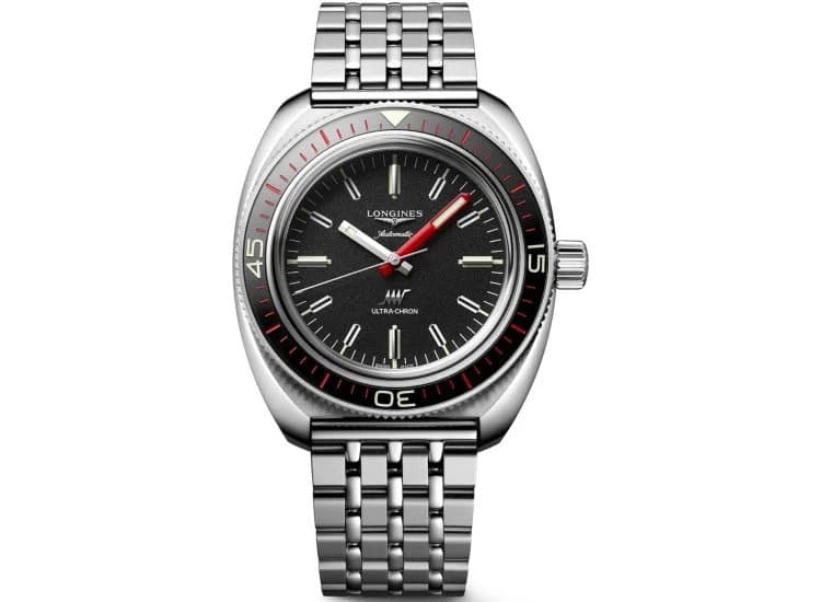 Longines Ultra-Chron Black Dial w/ Red Accents SS Bracelet Watch, 43mm