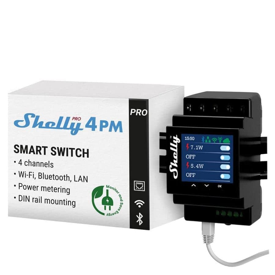 Shelly Pro 4PM, Wi-Fi, LAN and Bluetooth 4-Channel Smart Relay with Power Metering, Remote Appliances Control and Monitoring