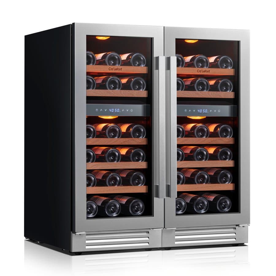 30" 56-bottle 4-zone Wine Cooler, Built-in & Freestanding, 6 Cu.ft. Wine Refrigerator With 40–65°f, Amber/blue/white Led, Uv-protected Double Glass, Hidden Hinges, Frost-free, Carbon Filter, Front Vent, Compressor & Fan Cooling Wine Fridge