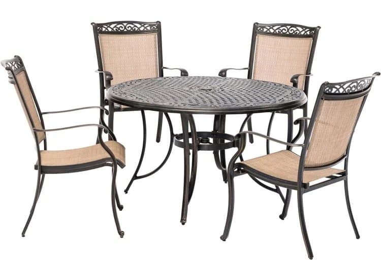 Hanover Fontana 5-Piece Outdoor Dining Set In Tan/Bronze With 4 Sling Chairs, 48" Cast Table