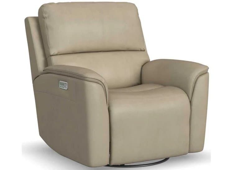 Flexsteel Henry Power Swivel Gliding Recliner with Power Headrest|Lumbar|Heat|Massage, Beige Leather