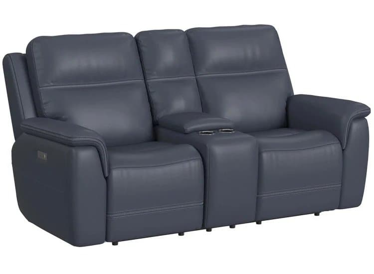 Flexsteel Sawyer Blue/Gray Leather Power Reclining Loveseat with Console & Power Headrests & Lumbar