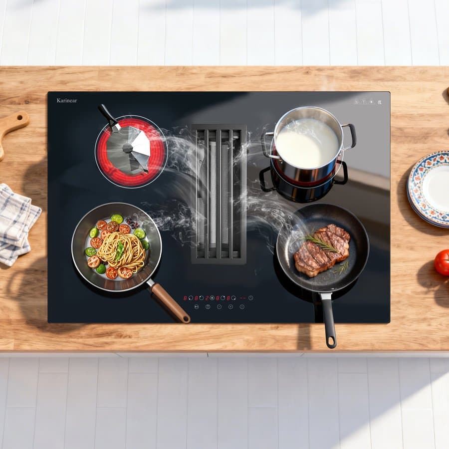 Electric Stove Top with Downdraft Extractor Filter, 4 Burners Electric Cooktop, 30inch Hot Plate, 6000W High Power (Depth is 7.87 inch) KNY-D460124-MB-END