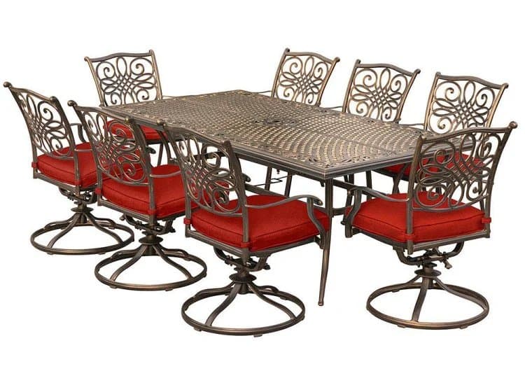 Hanover Traditions 9-Piece Dining Set In Red With 8 Swivel Rockers And A 84" x 42" Cast-Top Dining Table