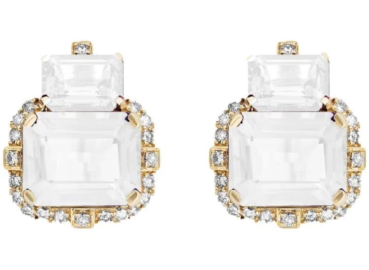 Goshwara Gossip Two-Stone Moon Quartz and Diamond Stud Earrings in 18K Yellow Gold