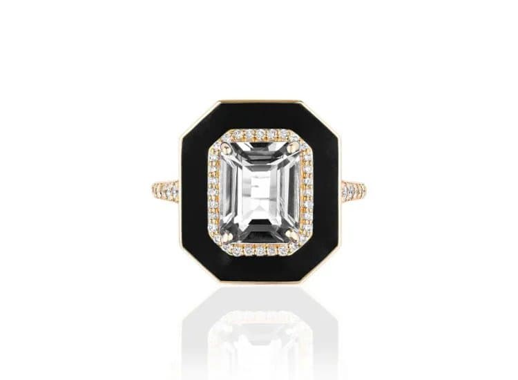 Goshwara Queen Emerald-Cut Halo Enamel Ring with Rock Crystal and Black Enamel