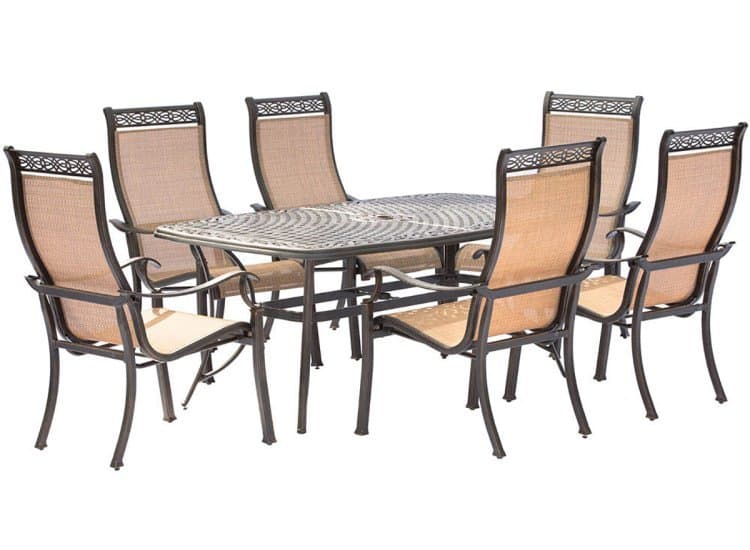Hanover Manor 7-Piece Outdoor Dining Set In Tan/Bronze With 6 Dining Chairs, 72" x 38" Cast-Top Table