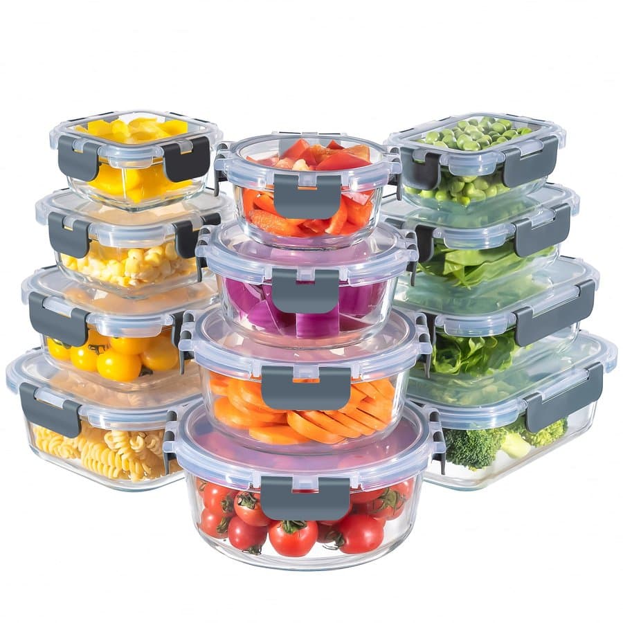 Afoxsos 12 Pack Glass Food Storage Containers with Lids Rectangle Square Round 36oz 31oz 27oz 21oz 17oz 13oz 12oz 11oz 7oz 6oz 5oz Airtight Oven Microwave Freezer Dishwasher Safe