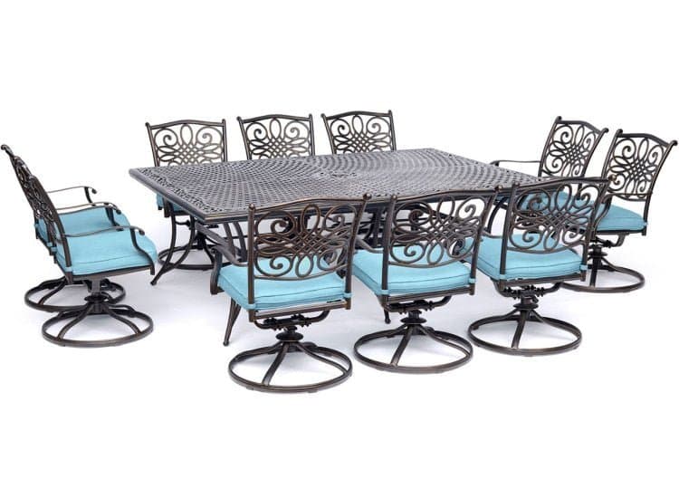 Hanover Traditions 11-Piece Outdoor Dining Set In Blue/Cast With 10 Swivel Rockers, 60x84" Cast Table