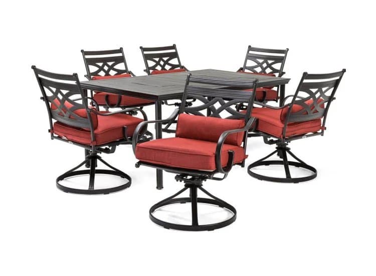 Hanover Montclair 7-Piece Dining Set In Chili Red With 6 Swivel Rockers And A 40" x 67" Dining Table