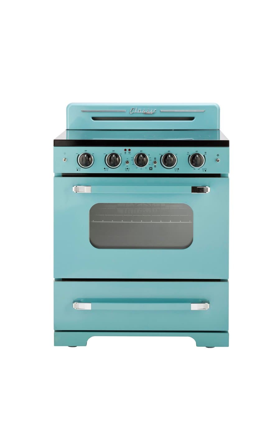 UNIQUE Classic Retro by Unique Classic Retro 30-in Glass Top 5 burners 3.9-cu ft Convection Oven Freestanding Electric Range with WipeClean Coating ( Ocean Mist Turquoise )