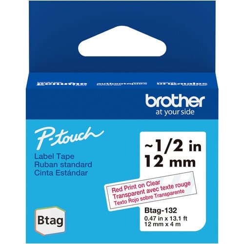 Brother Btag Label Tape for P-Touch PT-N10, PT-N20 & PT-N25BT (Red on Clear, 0.5" x 13.1')