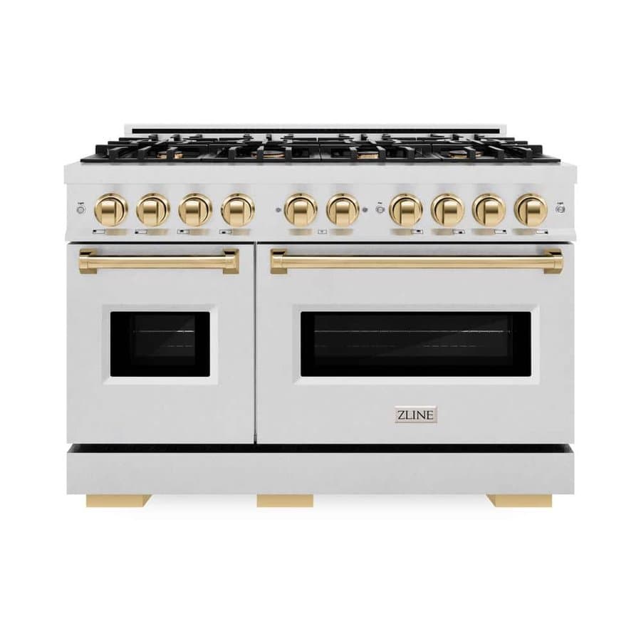 Autograph 48 in. Classic Double Oven Dual Fuel Range with 8 Burner Gas Cooktop, Satin Steel and Gold Accents