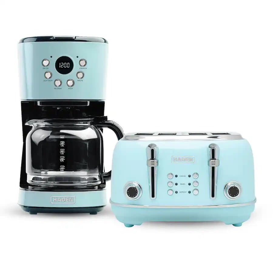 Haden Coffee Maker & Heritage 4 Slice Wide Slot Toaster, Turquoise & Chrome