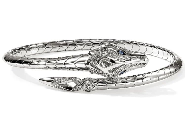 John Hardy Naga Flex Cuff-Size Medium-in Sterling Silver with Diamonds | Blue Sapphires