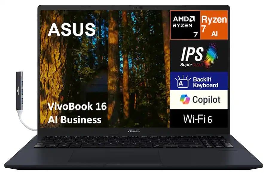 ASUS VivoBook 16 Laptop 16.0 WUXGA (AMD Ryzen AI 7 350, 16GB DDR5, 512GB SSD, Win 11 Home) w/USB Hub
