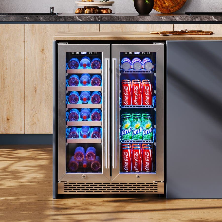 24" Dual Zone Beverage Refrigerator – Glass Door Wine & Beer Cooler, Holds 20 Bottles & 78 Cans, Built-In or Freestanding for Kitchen, Bar, Office, 34–64℉, 41-68℉