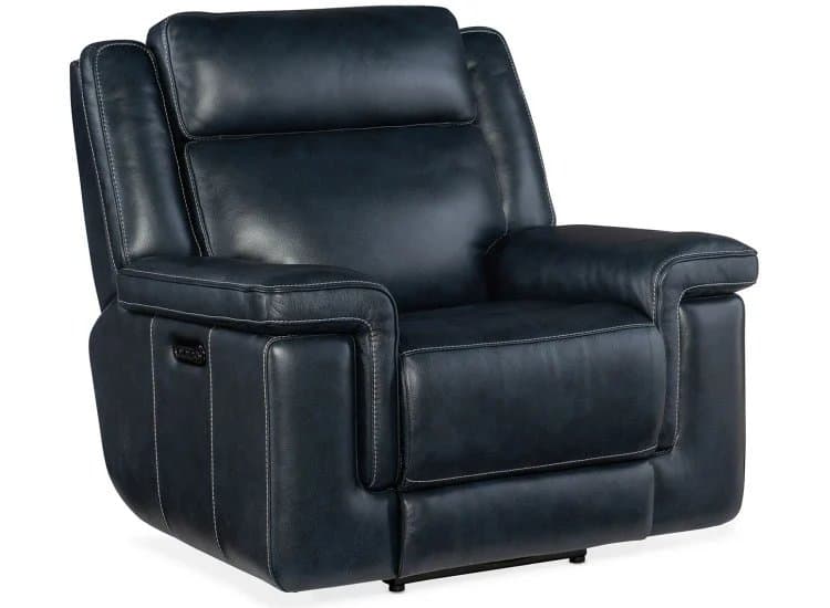 Hooker Furniture Living Room Montel Leather Lay Flat Power Recliner w/ Power Headrest & Lumbar, Cosmos Cobalt Finish