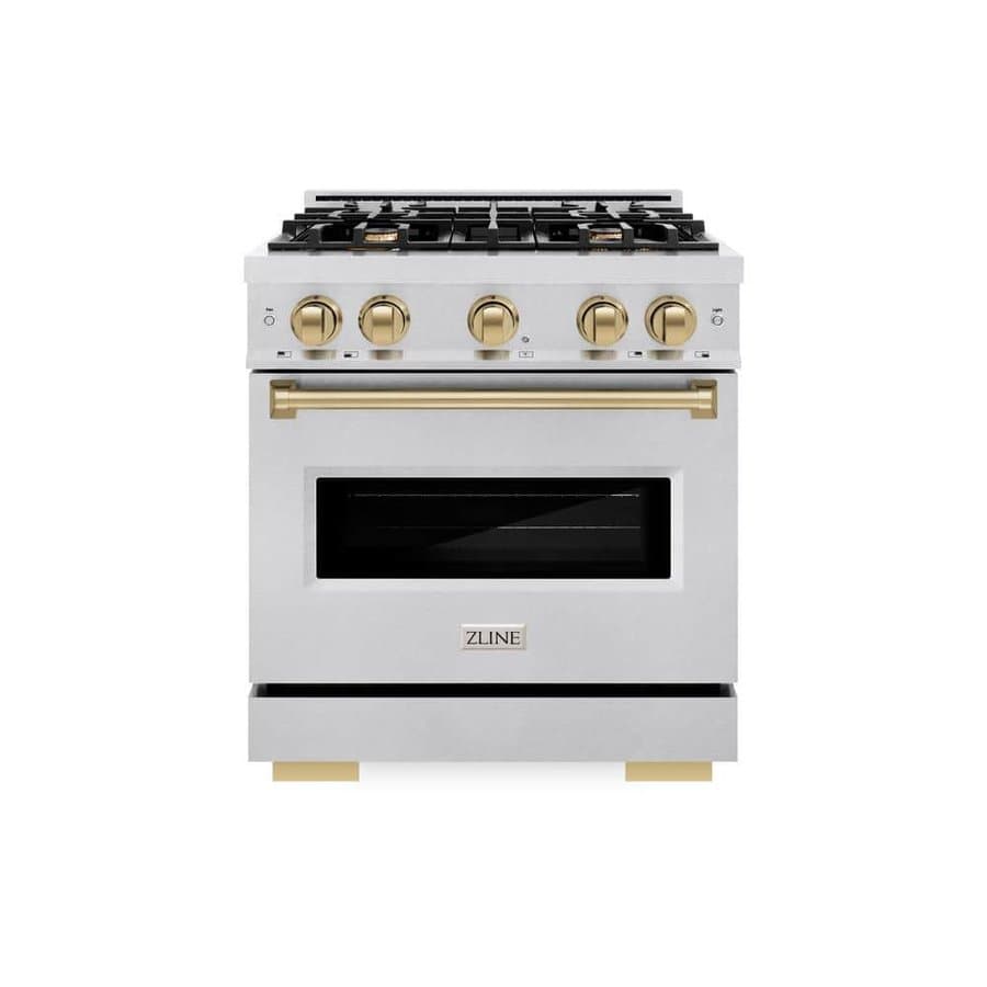 Autograph 30 in. Classic Dual Fuel Range with 4 Burner Gas Cooktop and Electric Oven, Satin Steel with Bronze Accents