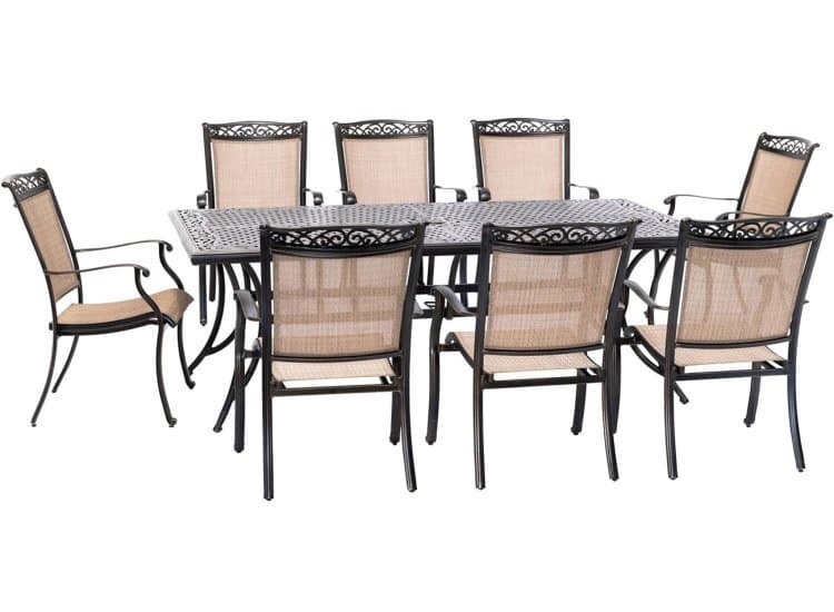 Hanover Fontana 9-Piece Outdoor Dining Set In Tan/Bronze With 8 Sling Dining Chairs & 42x84" Cast Table