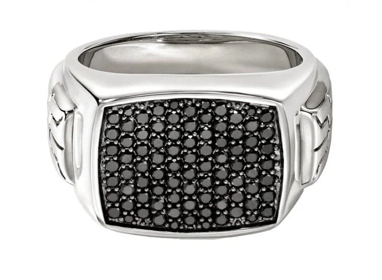 John Hardy Signet Ring Size 10 in Sterling Silver with Treated Black Sapphires