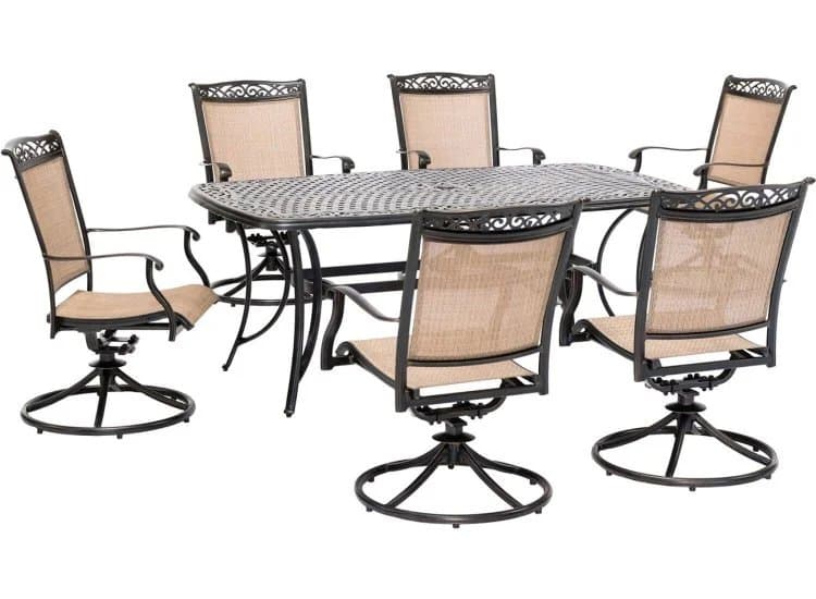 Hanover Fontana 7-Piece Outdoor Dining Set In Tan/Bronze With 6 Sling Swivel Rockers & 38x72" Cast Table