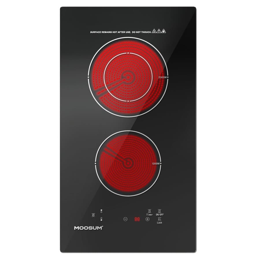 12-inch Electric Cooktop with 2 Burners-9 Power Levels, Rapid Even Heating for Frying/Boiling, Ceramic Glass Surface, Child Safety Lock, 220-240V (No Plug) MO-CCHB30US