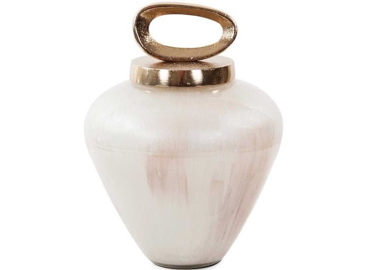 Howard Elliott The Reza Glass Small Urn with Ornate Metal Top, Pearl Gold Finish