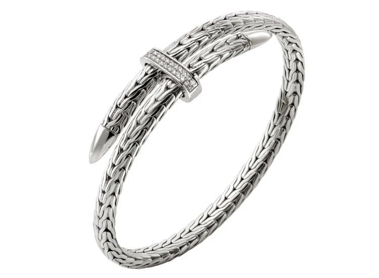John Hardy Spear Flex Cuff with Diamonds-Size Small-in Sterling Silver