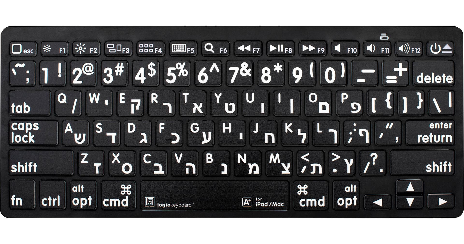 Logickeyboard XL Print Bluetooth 3.0 Mini Keyboard (American English/Hebrew, White on Black)