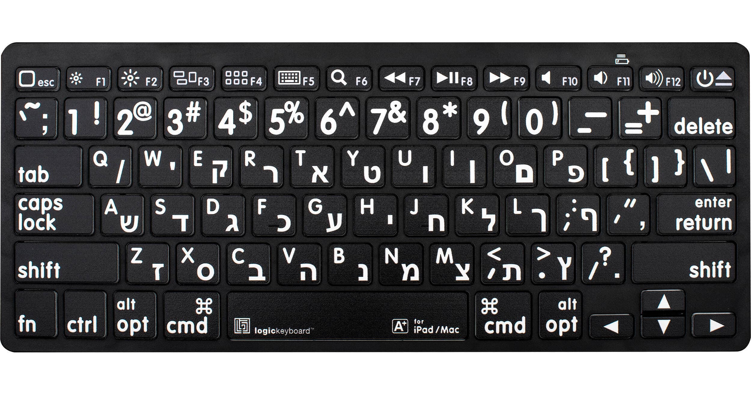 Logickeyboard XL Print Bluetooth 3.0 Mini Keyboard (American English/Hebrew, White on Black)