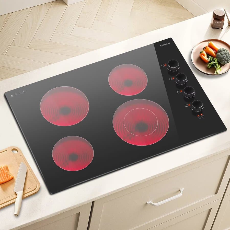 Karinear Electric Cooktop 4 Burners Electric Stove Top 30 Inch 6700W,220~240V Built-in Knob Control residual heat indicator Knob4 KNC-D46703-MG-B-END