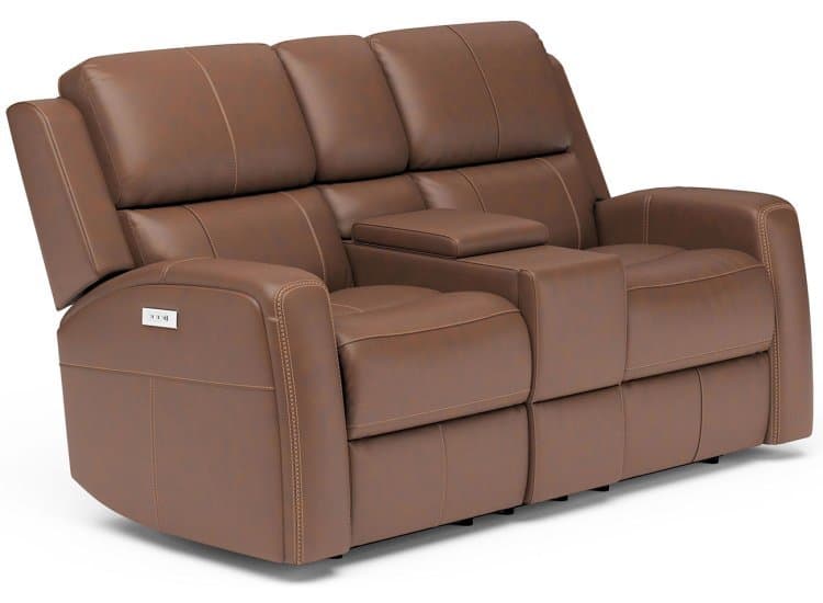 Flexsteel Linden Brown Leather Power Reclining Loveseat with Console & Power Headrests & Lumbar
