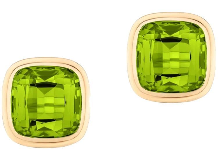 Goshwara Manhattan Cushion Bezel Set Studs with Peridot in 18K Yellow Gold