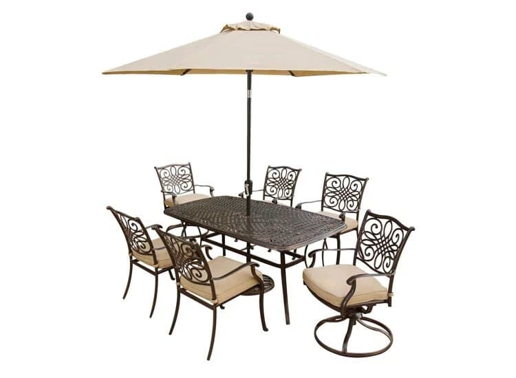 Hanover Traditions 7-Piece Outdoor Dining Patio Set with Umbrella, Natural Oat