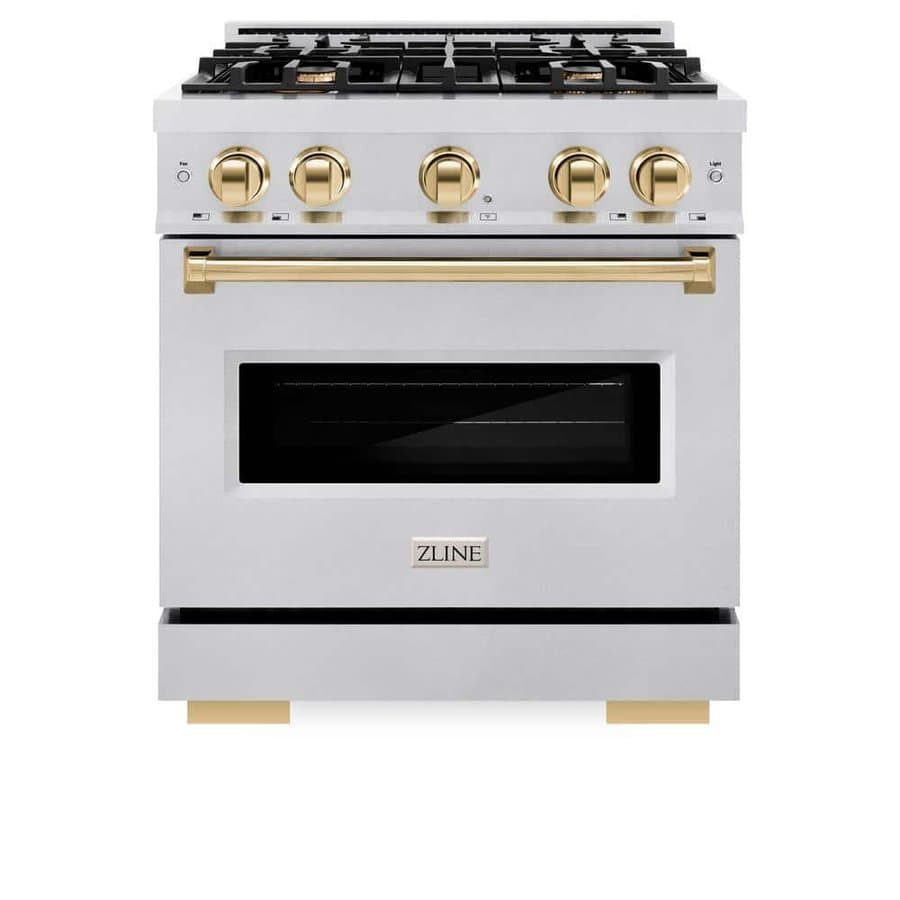 Autograph 30 in. Classic Dual Fuel Range with 4 Burner Gas Cooktop and Electric Oven, Satin Steel with Gold Accents