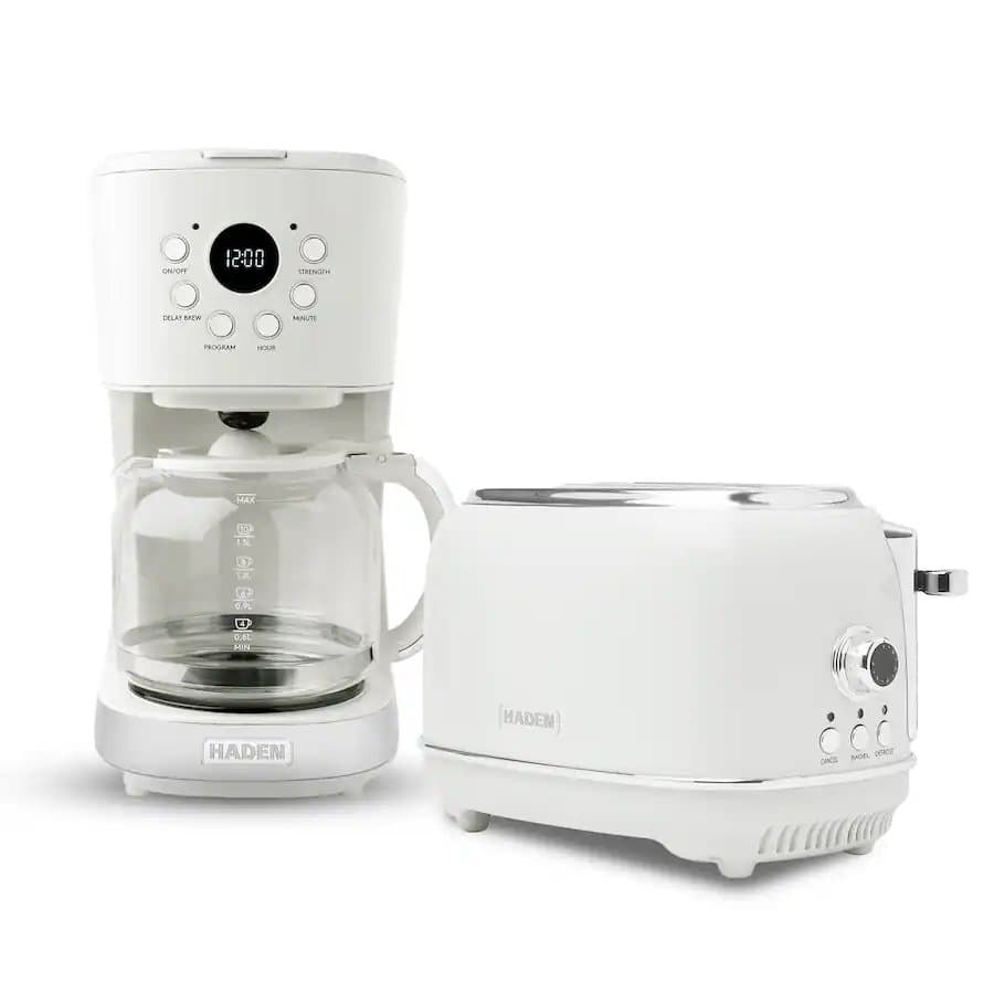 Haden 12 Cup Coffee Maker with 2 Slice Wide Stainless Steel Bread Toaster, White