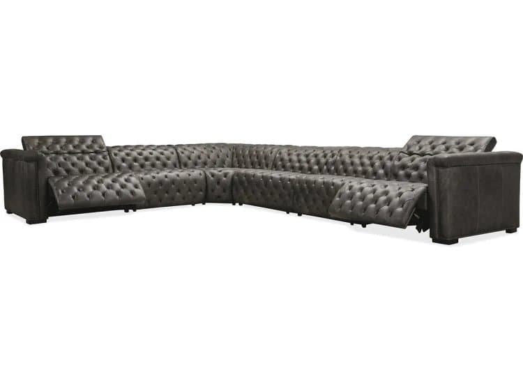 Hooker Furniture Living Room Savion Grandier 6 pc Sectional w/3 PWR Recline PWR Headrest in Coffee Brown | Bellagio Gravel Leather