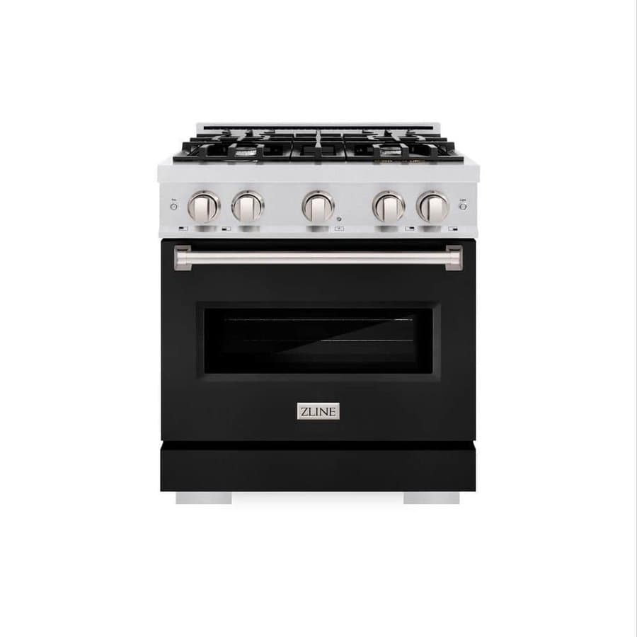 30 in. Classic Dual Fuel Range with 4 Burner Gas Cooktop and Electric Oven, Satin Steel with Black Matte Door
