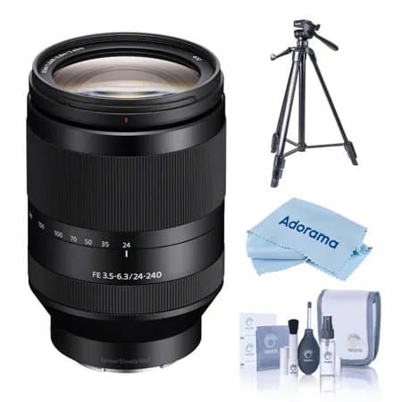 Sony FE 24-240mm f/3.5-6.3 OSS Lens for Sony E, Bundle with Slik U8800L 3-Section Aluminum Tripod with Hybrid 3-Way Pan Head, Cleaning Kit, Cleaning Cloth