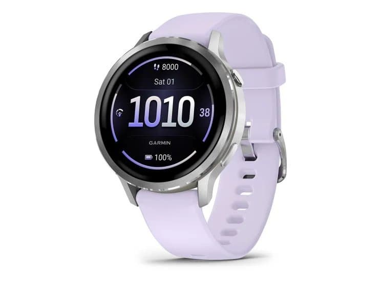 Garmin Venu 4 41mm Watch, Silver Stainless Steel Bezel With Periwinkle Silicone Band