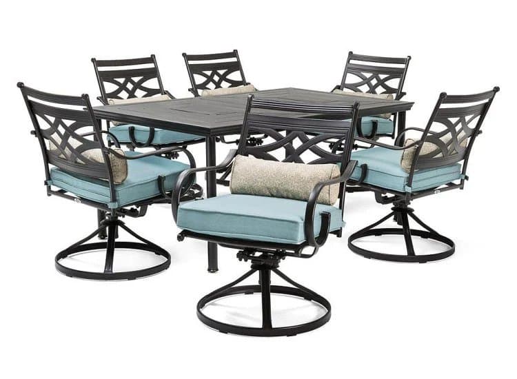 Hanover Montclair 7-Piece Dining Set In Ocean Blue With 6 Swivel Rockers And A 40" x 67" Dining Table